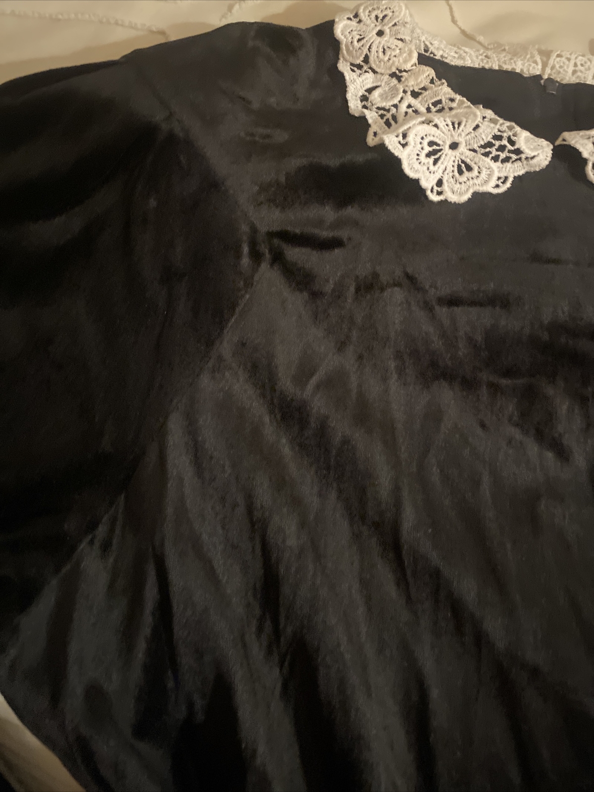 Vintage Long Black Velvet Dress Lace Collar By Paquette Too! Size 12