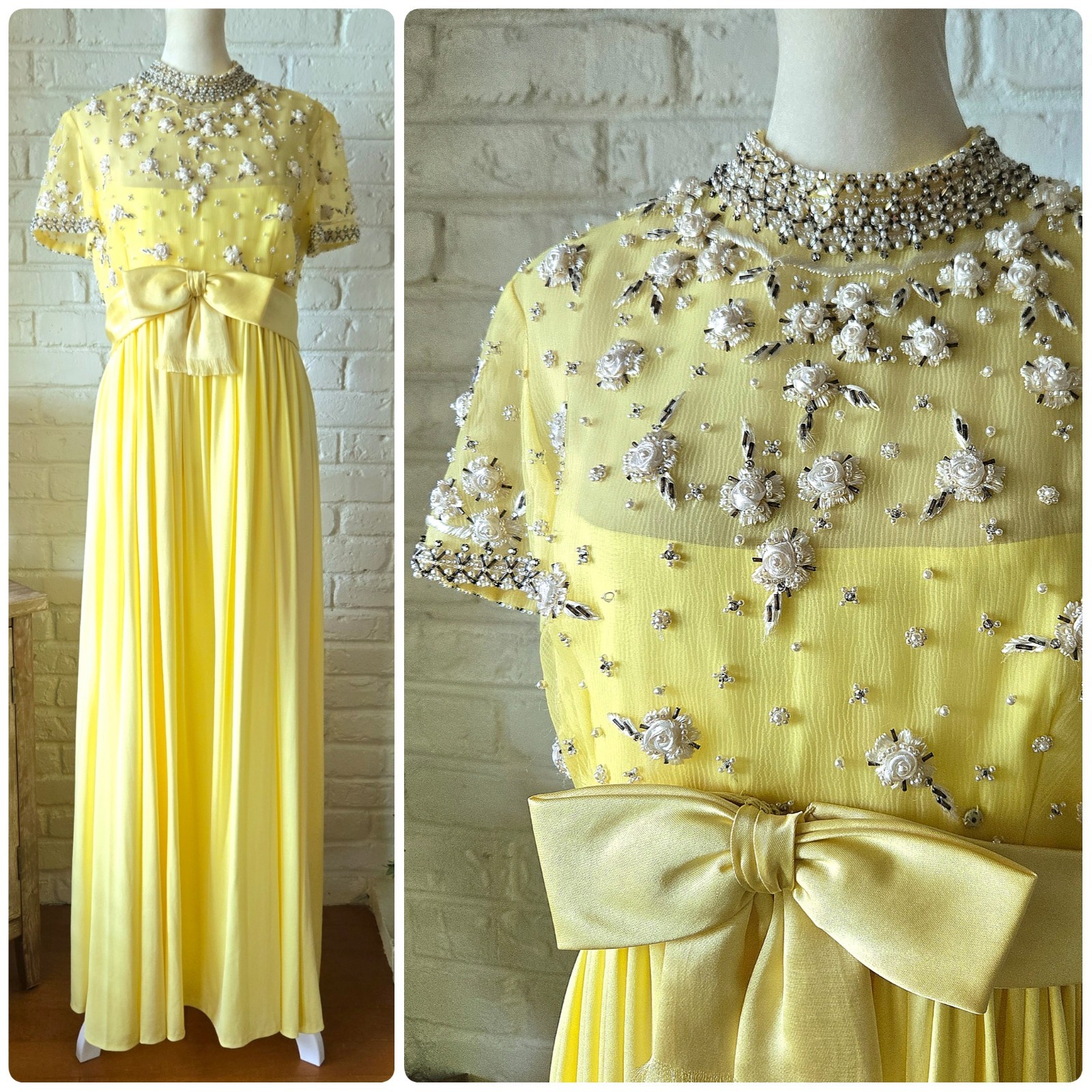 Vtg Lillie Rubin Yellow Rosette Silk Chiffon Beaded Gown, Victoria Royal, Bow, S