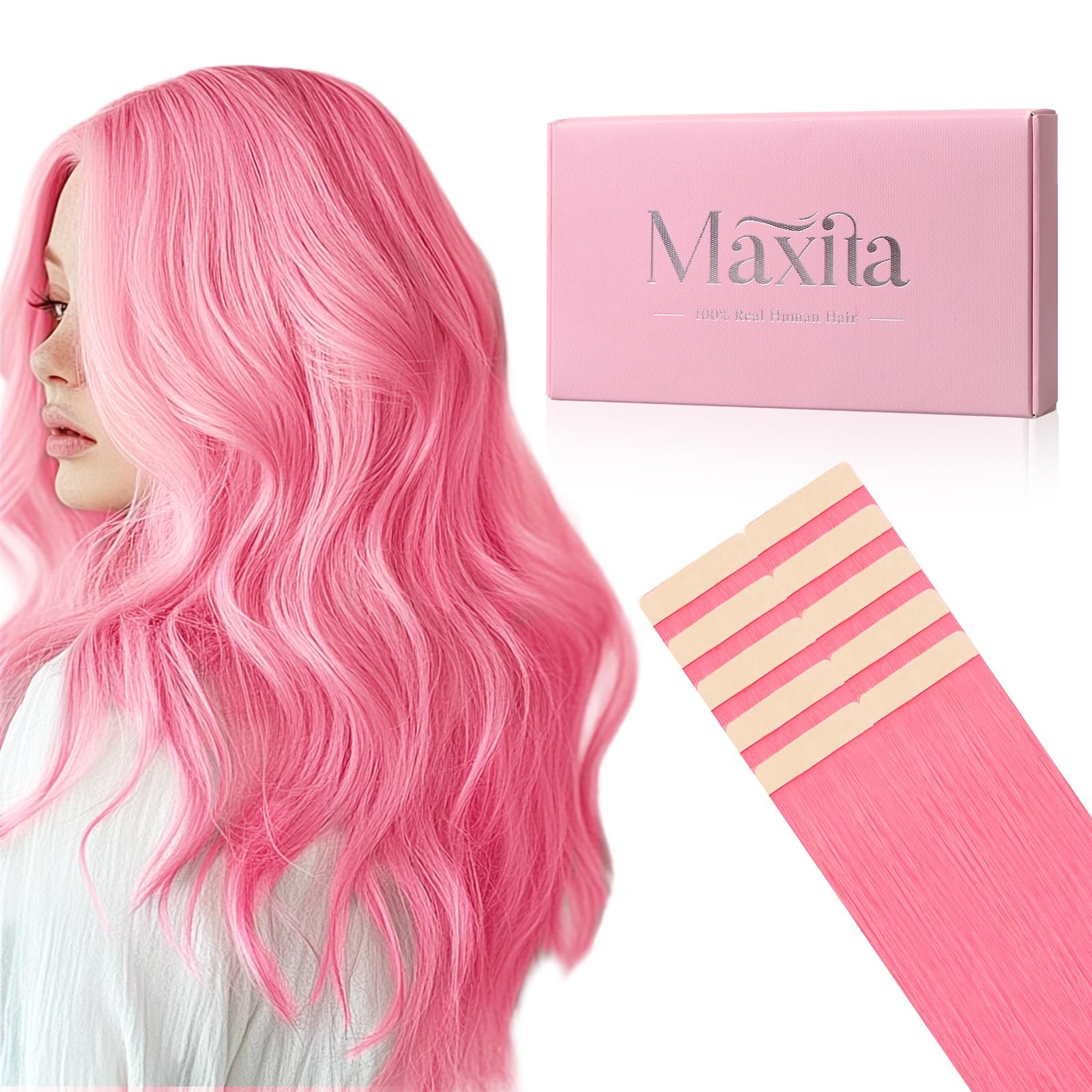 MAXITA 16″ Light Pink Remy Human Hair Tape-in Extensions 10pcs Silky Straight