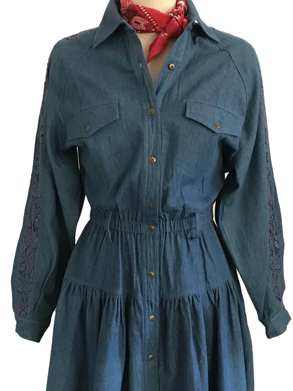 Vtg 80s Cowgirl Dress TOGETHER! Denim Button Front Lace Insert Wide Sweep tag 8