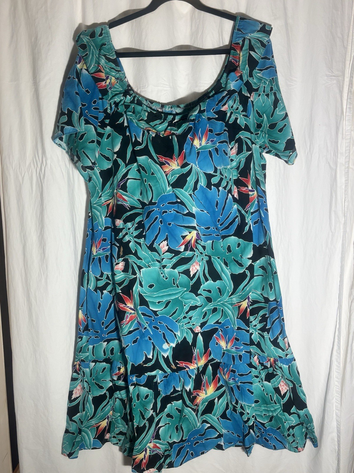 VTG Hilo Hattie Ruffle Blue Bird Of Paradise MIDI Hawaiian MuuMuu Dress Size 1X