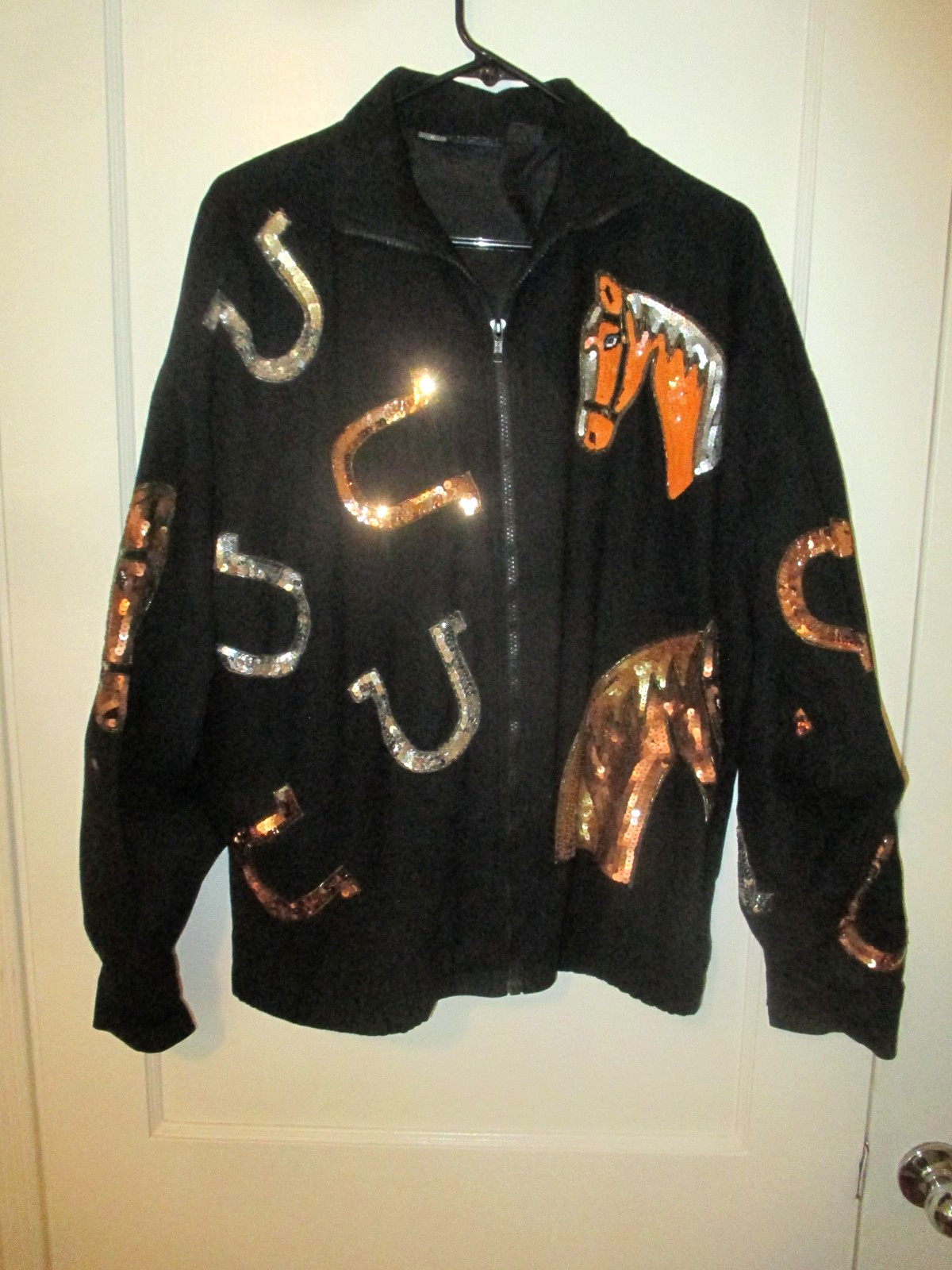 VTG MODI DENIM SEQUIN WESTERN HORSE HORSESHOES EQUESTRIAN WOMENS JACKET SML 6-8