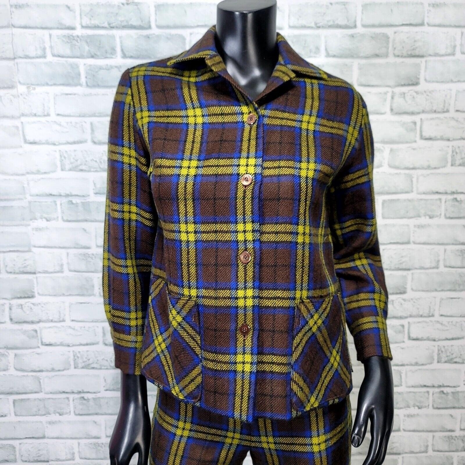 Vintage 60s Kajimatu Japan Wool Plaid Pantsuit Brown Blue Yellow Tartan Mod Set