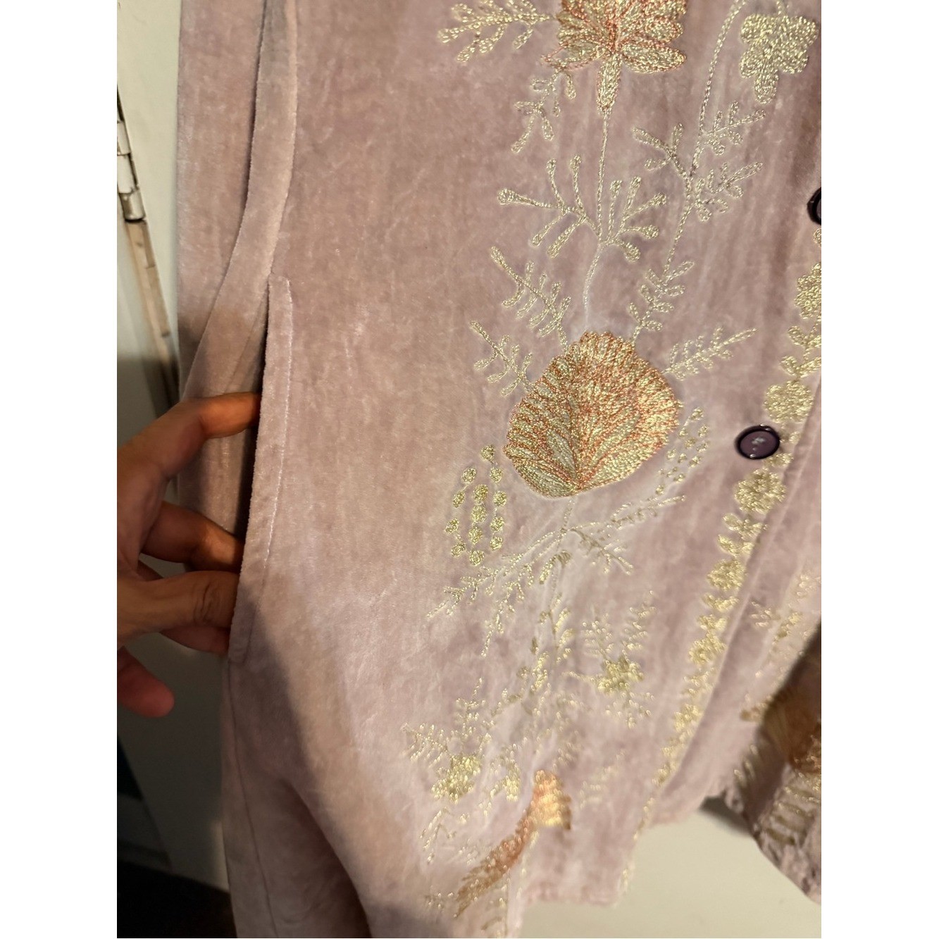 Embroidered Velvet Duster Jacket 2X Dusty Mauve Silver Floral Boho Cottagecore