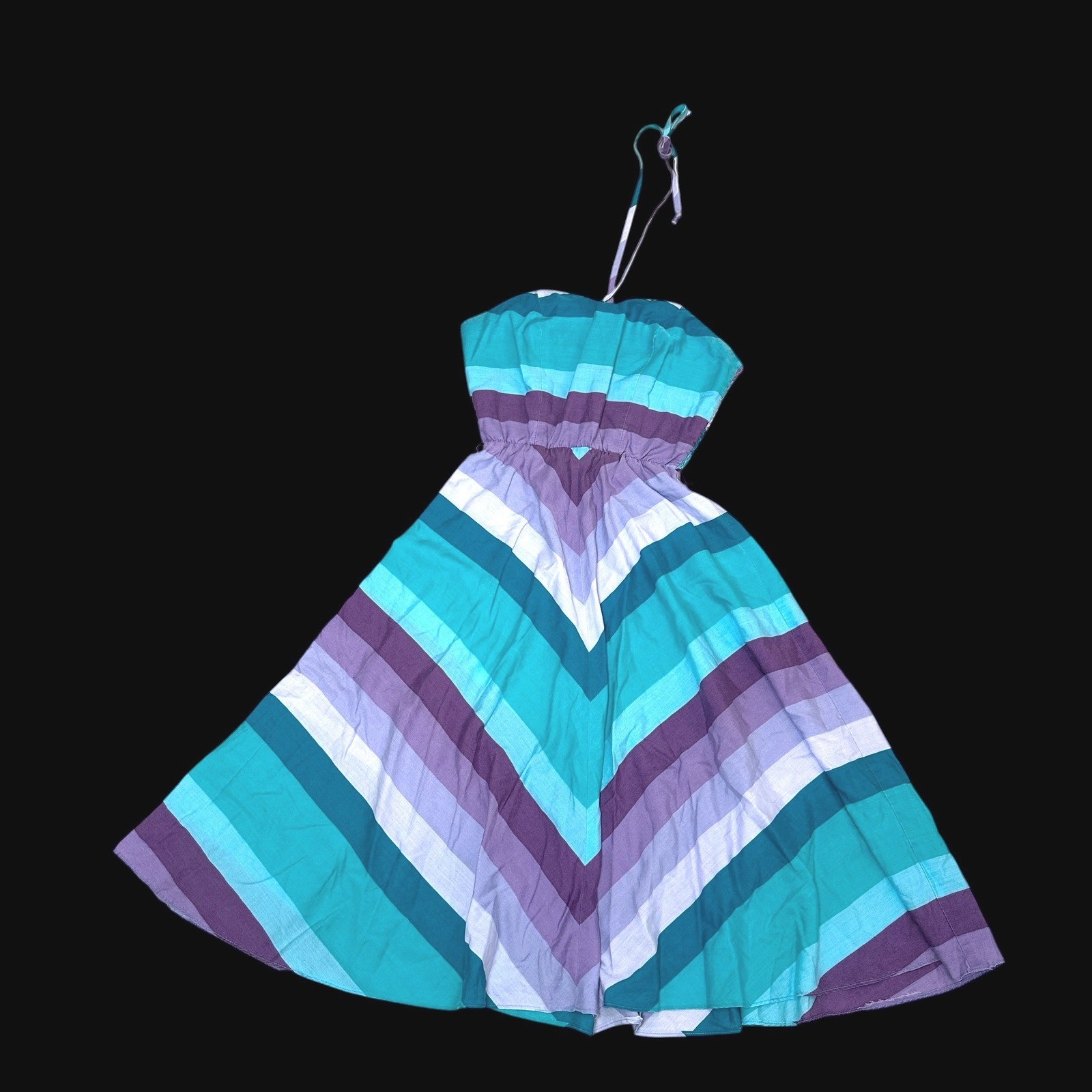 Vintage Chevron Stripe Halter Dress Teal Purple Smocked Back Sun Dress Size 11
