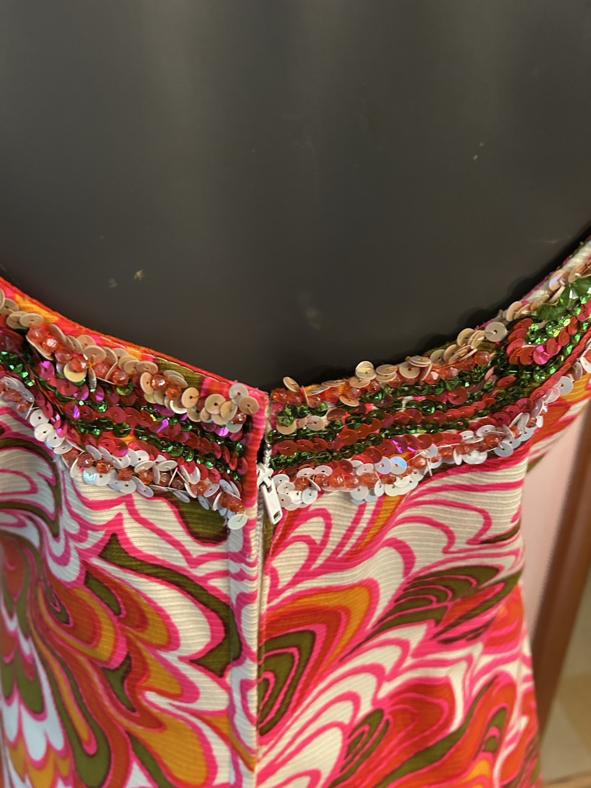 Vintage Cameo Psychedelic Maxi Dress 10 Orange White Pink Cotton Sequins Trim