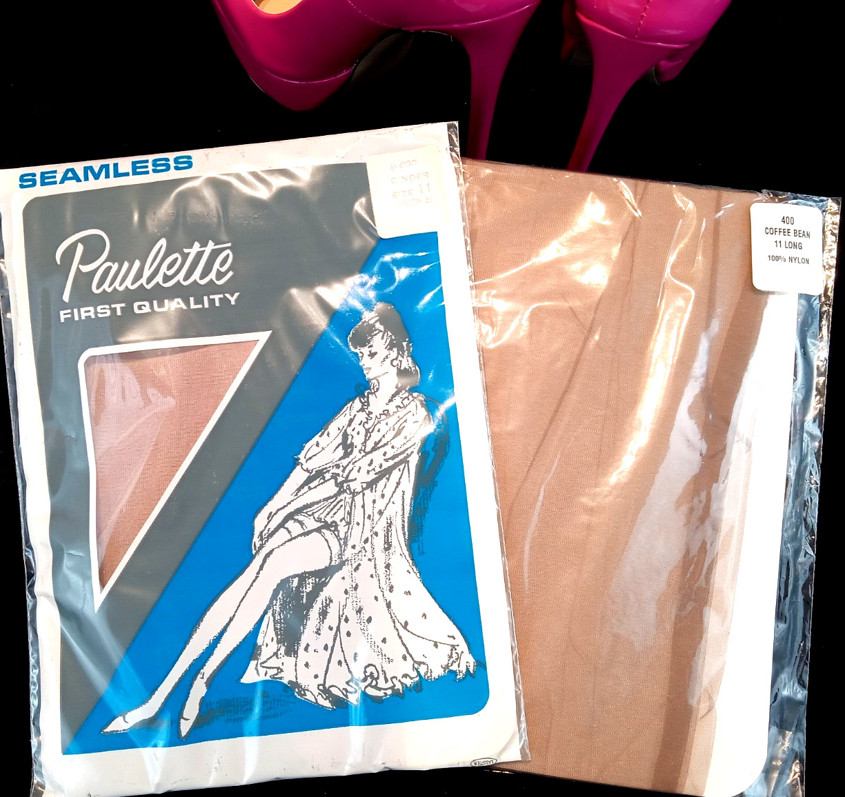 SZ 11 x 35 VTG FLAT KNIT SEXY GARTER NYLON STOCKINGS 2 PR NEW IN PACKAGE MINT