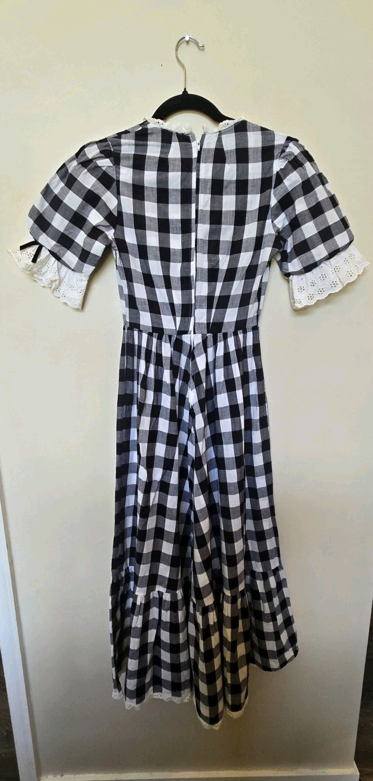Vintage Womens Gingham Check Dress Eyelet Black White Dainty Sz Xs S 4 Prarie