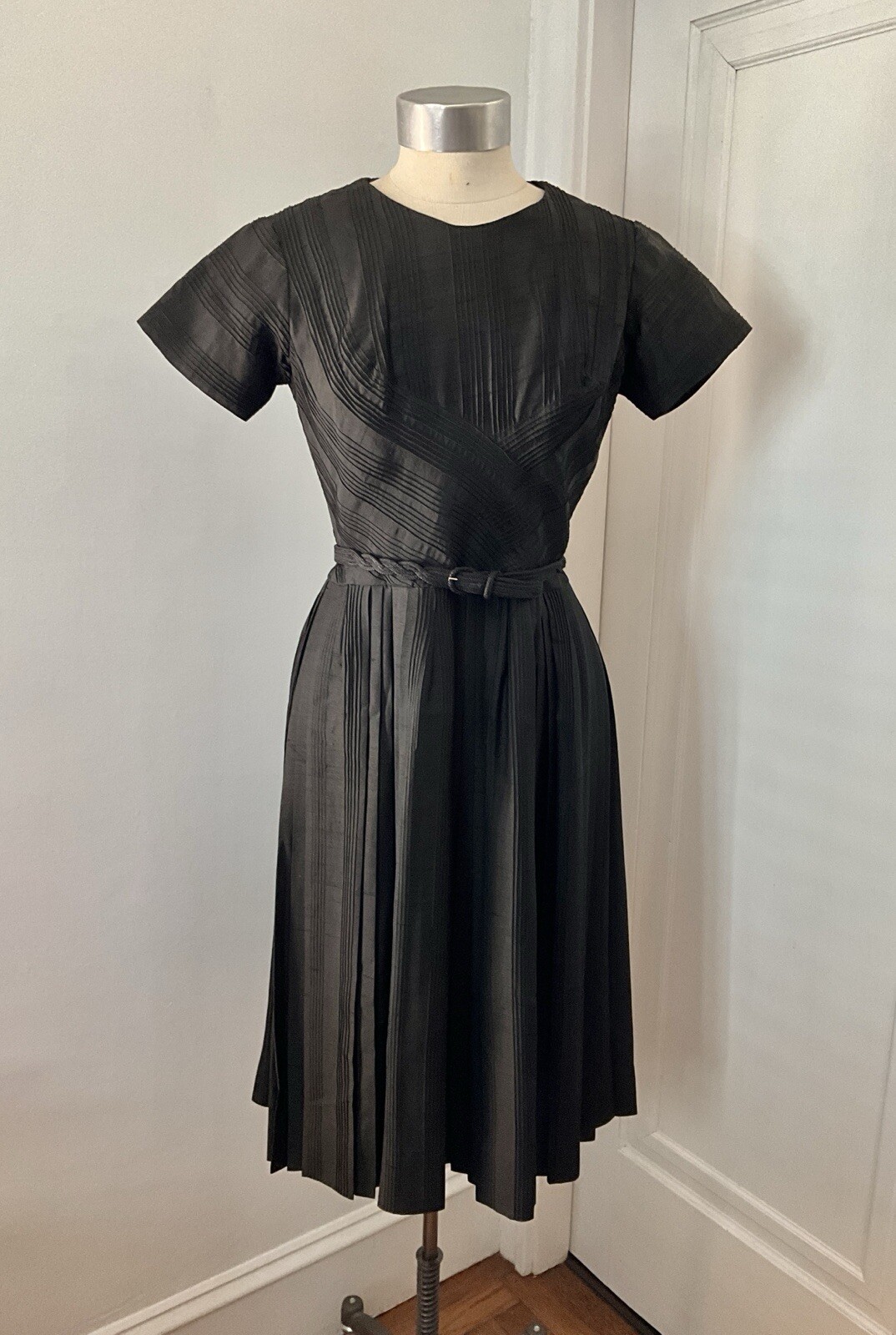 Vintage 1950’s Ceil Chapman Black Silk Shantung Dress with Pintucked Bodice