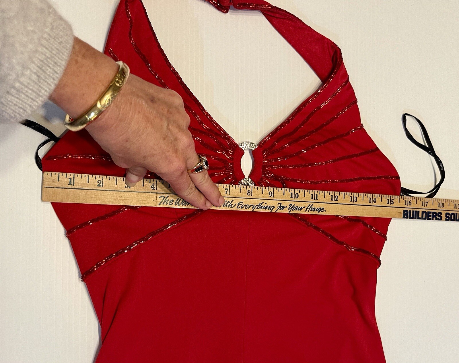 VTG De Laru Y2K Sexy Red Halter Dress Beading Rhinestone Size 8 A Line