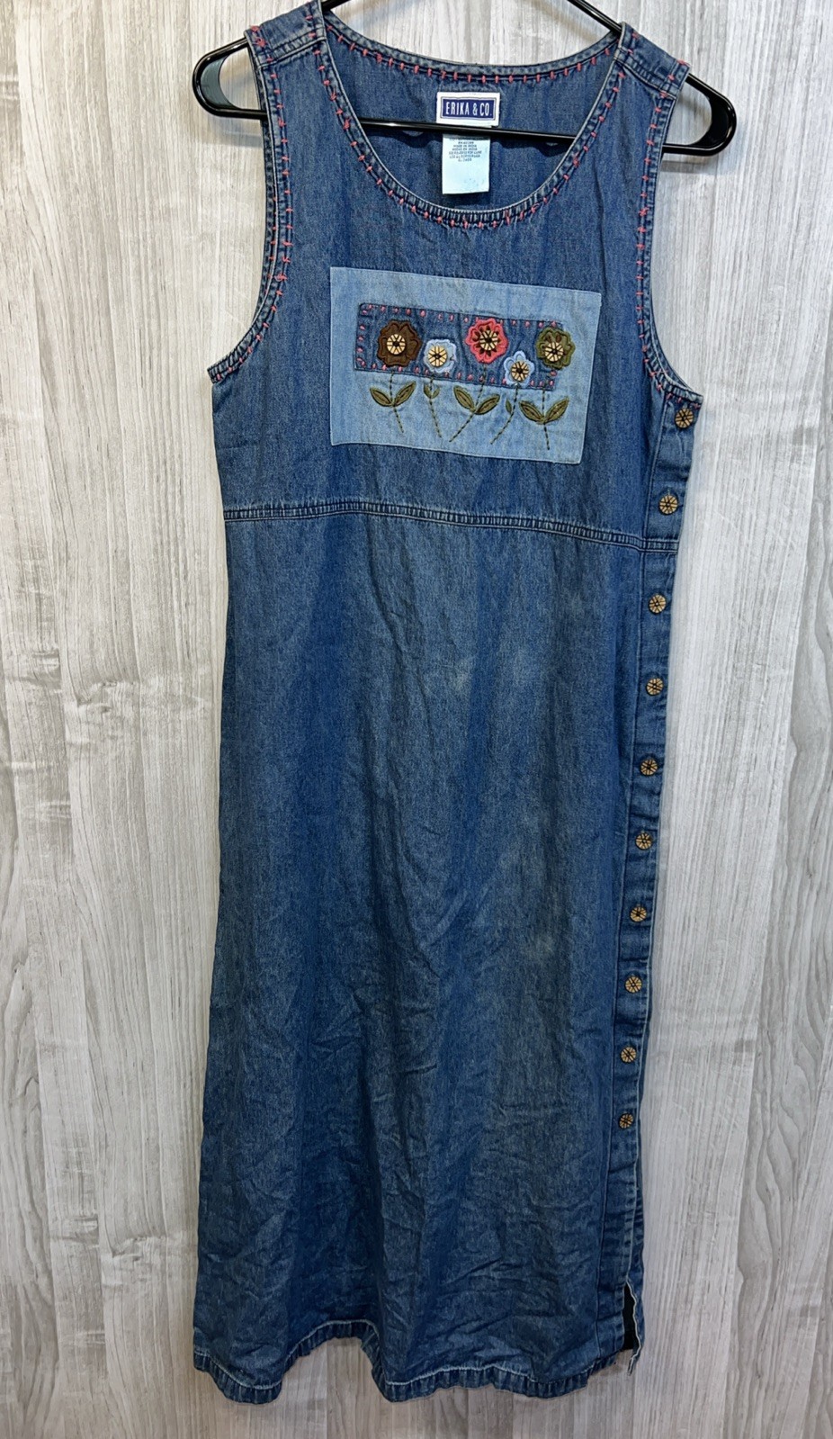 VTG 90s Y2K Denim Jean Smock Dress Floral Applique Embroidery Womens S Granny