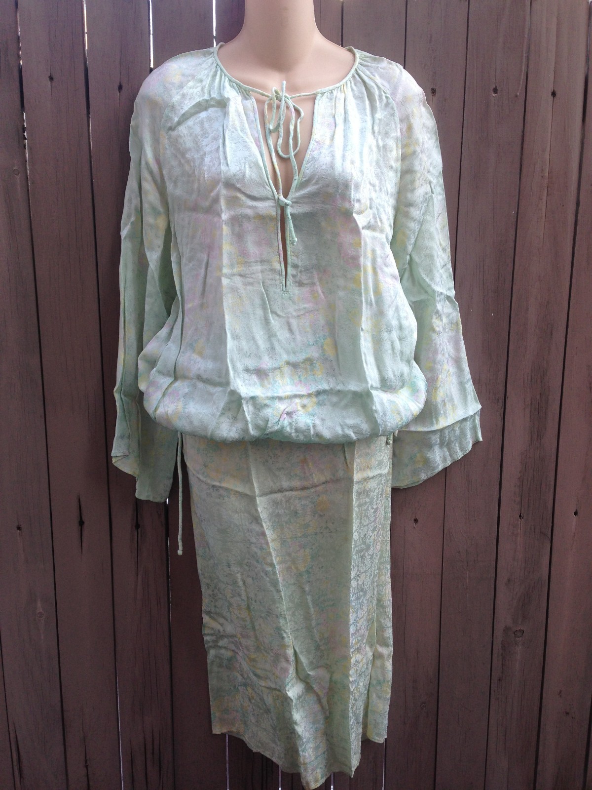 70s Peasant Top & Skirt Set Blouson Blouse Tunic Top Long Ties Muted Pastels S/M