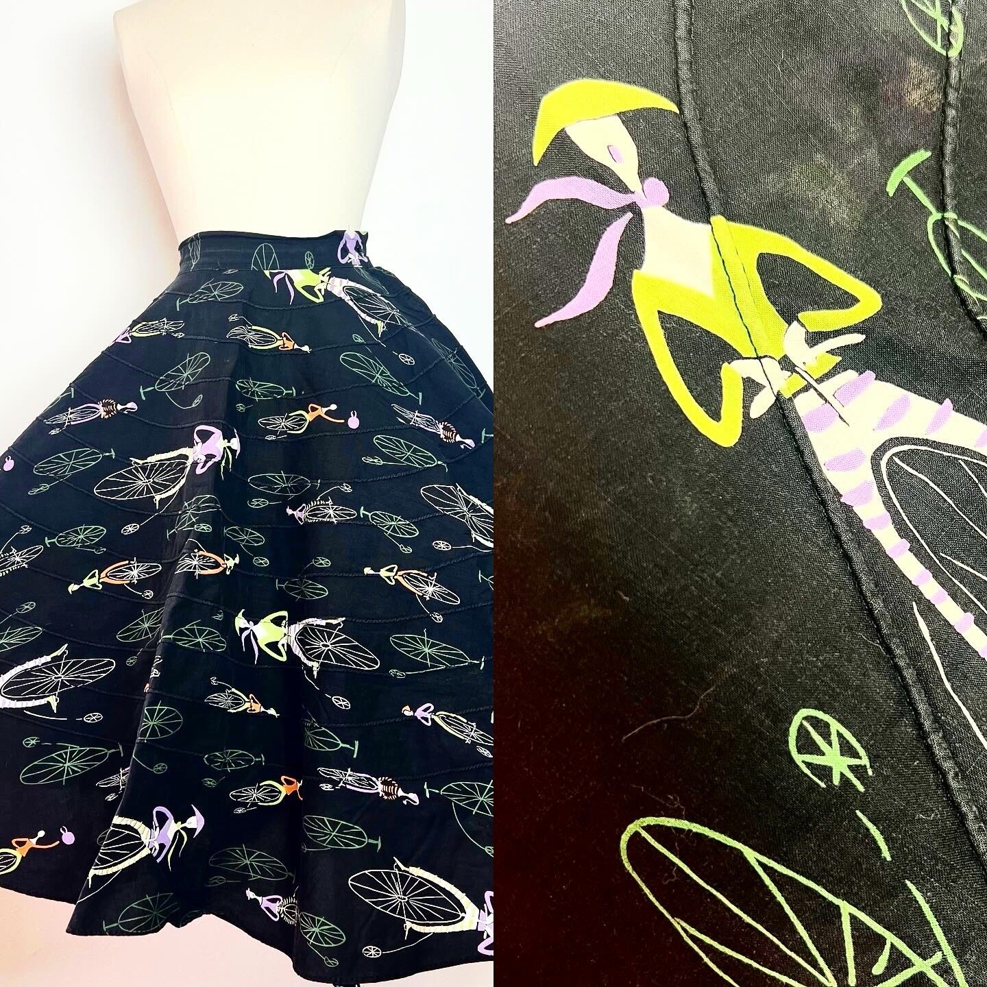 NOVELTY PRINT 50’s 50s Vintage Parisian Bicycle Black Cotton Circle Skirt XS 24w