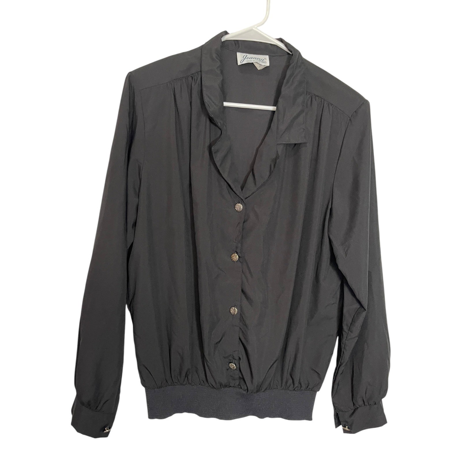 Vintage Joanna 14 Black Blouse Button Up Banded Hem Shoulder Pads Dark Academia