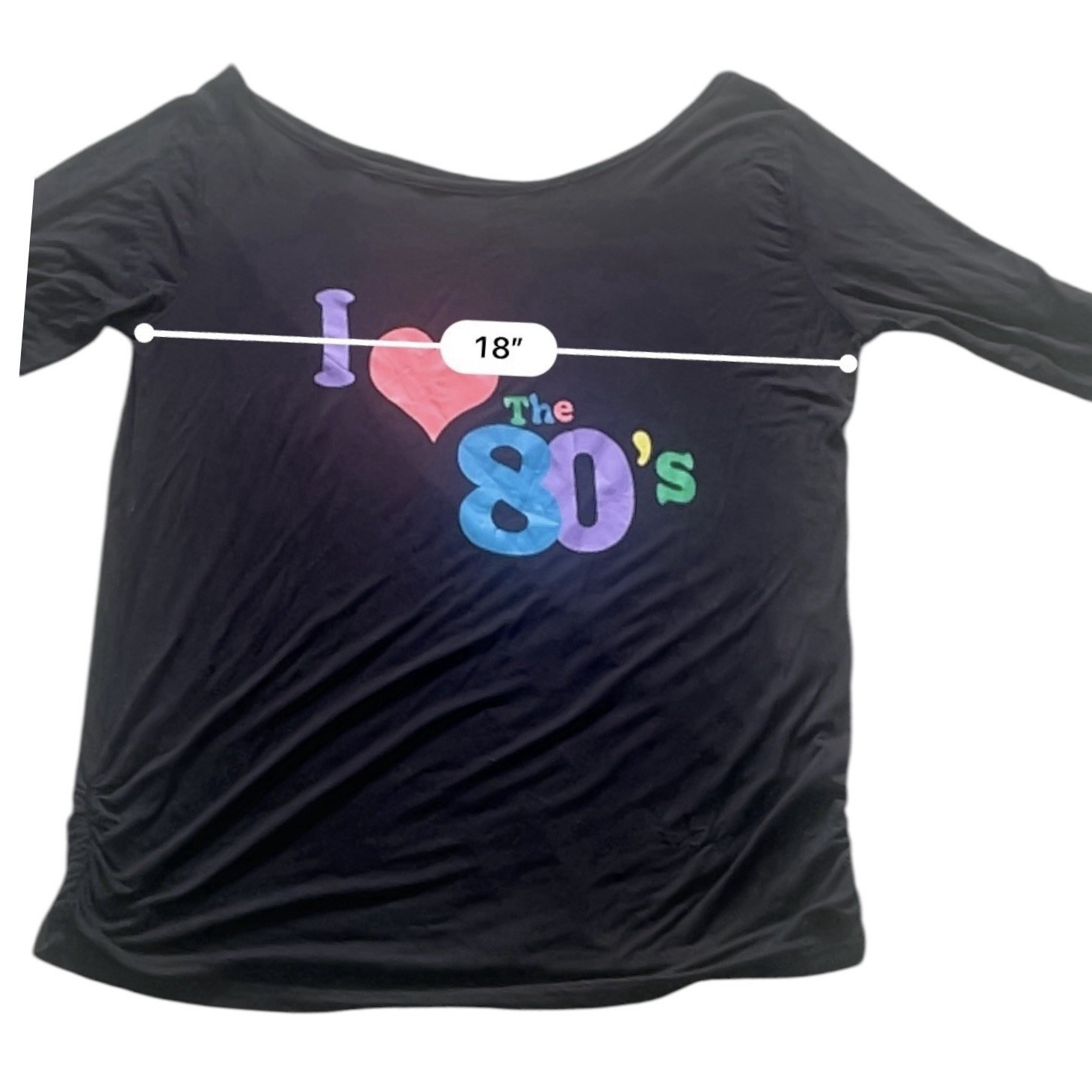 Vintage casual black top shirt L scooped neck graphic I Love The 80’s 3/4 sleeve