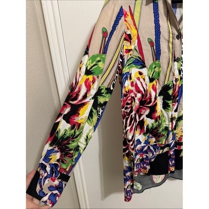 Vintage Mischa Vibrant Floral Button Down Tunic Long Sleeve Blouse Women’s Small