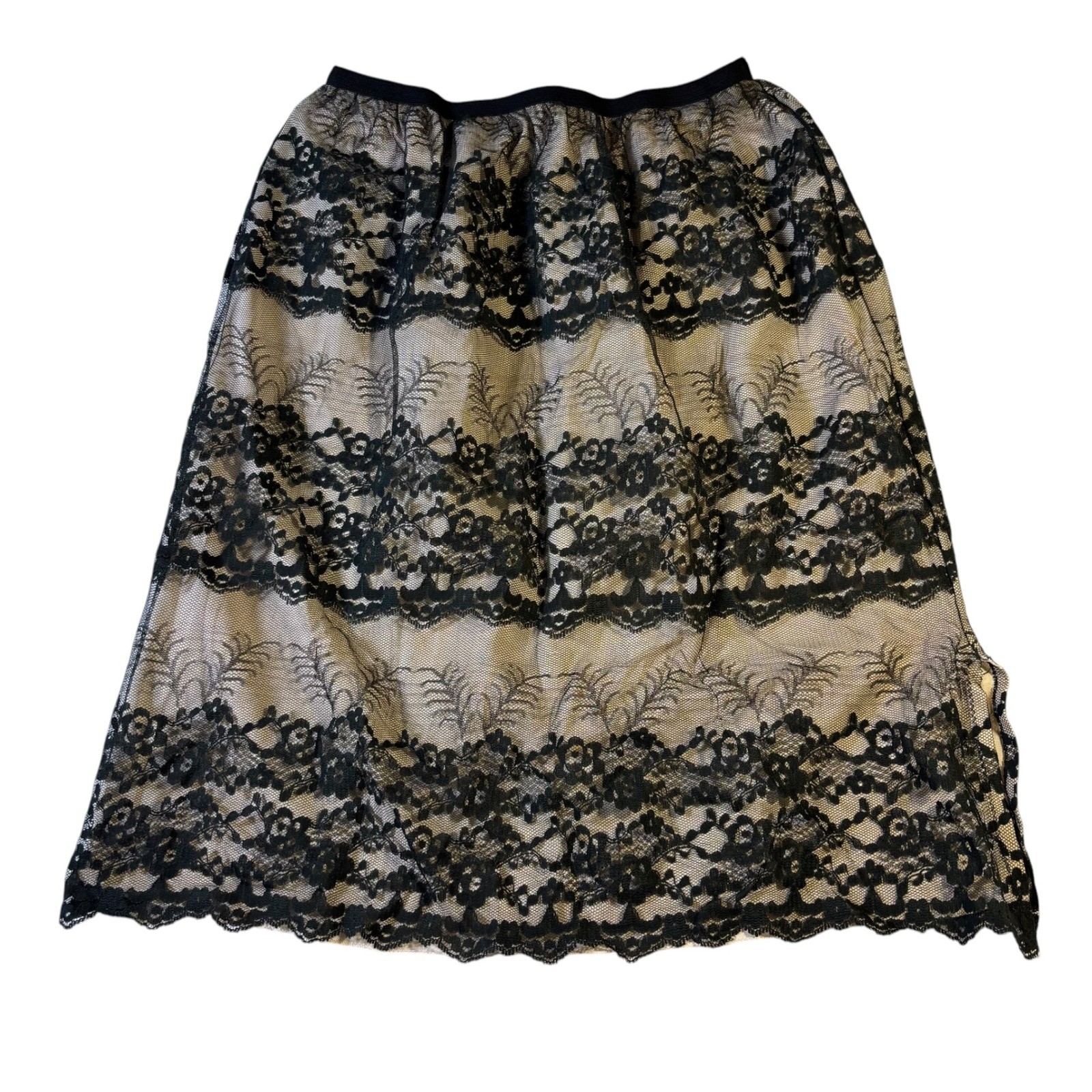 Vintage Pembrooke Black Floral Lace Tiered Half Slip Skirt Medium Beige Lining