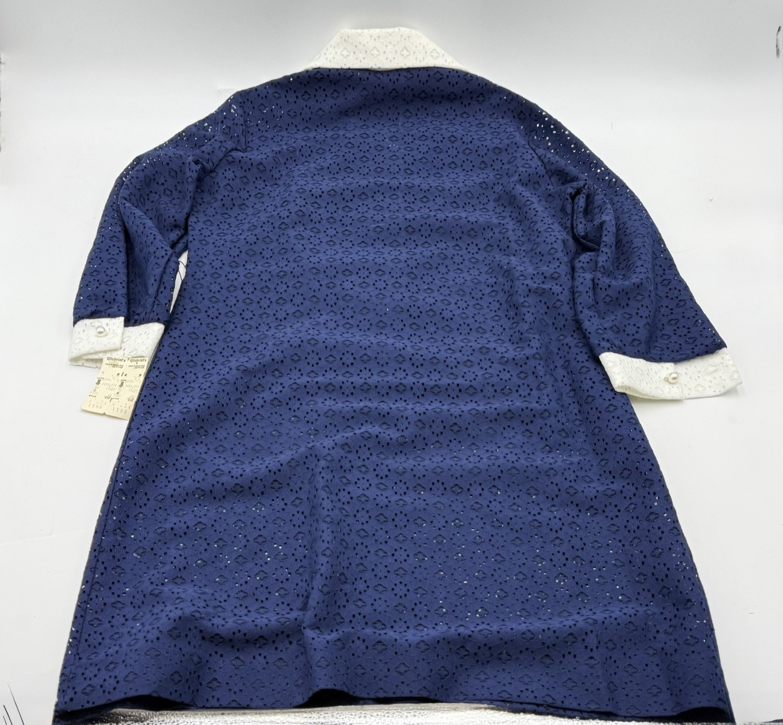 Vintage 1970s Eyelet Peek-a-boo Shirt Dress Navy/White 100% Poly USA NOSWOT
