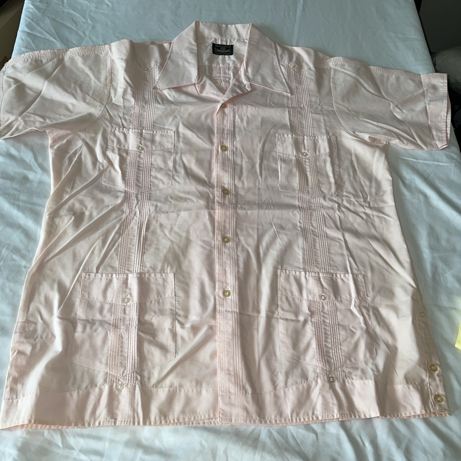 Vtg ’80s Van Heusen Pink Guayabera Embroidered Cuban Button Shirt Sz 17 1/5