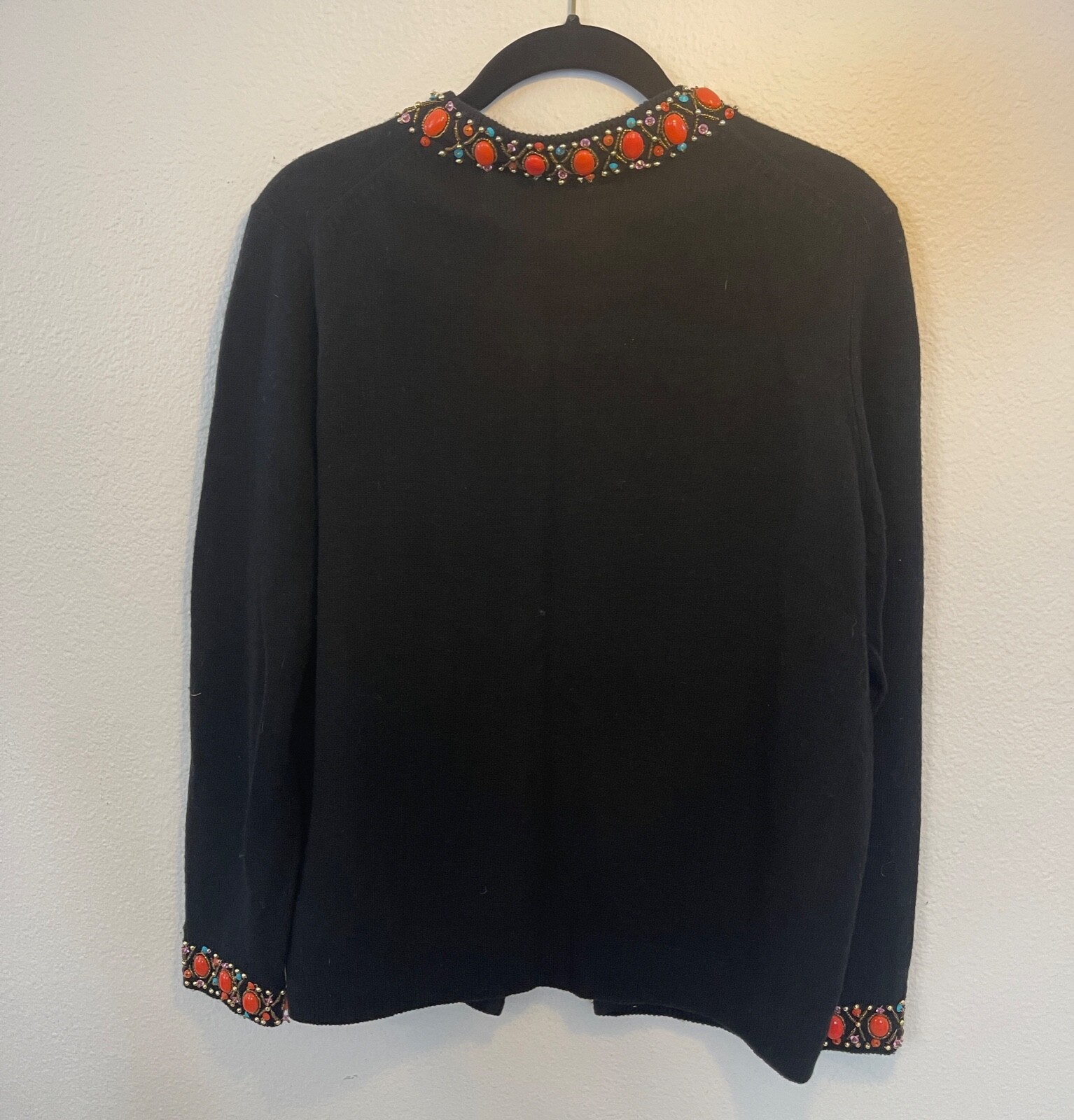 CERVELLE Sweater Beaded Embellished Open Cardigan Ramie Cotton Black Vintage L