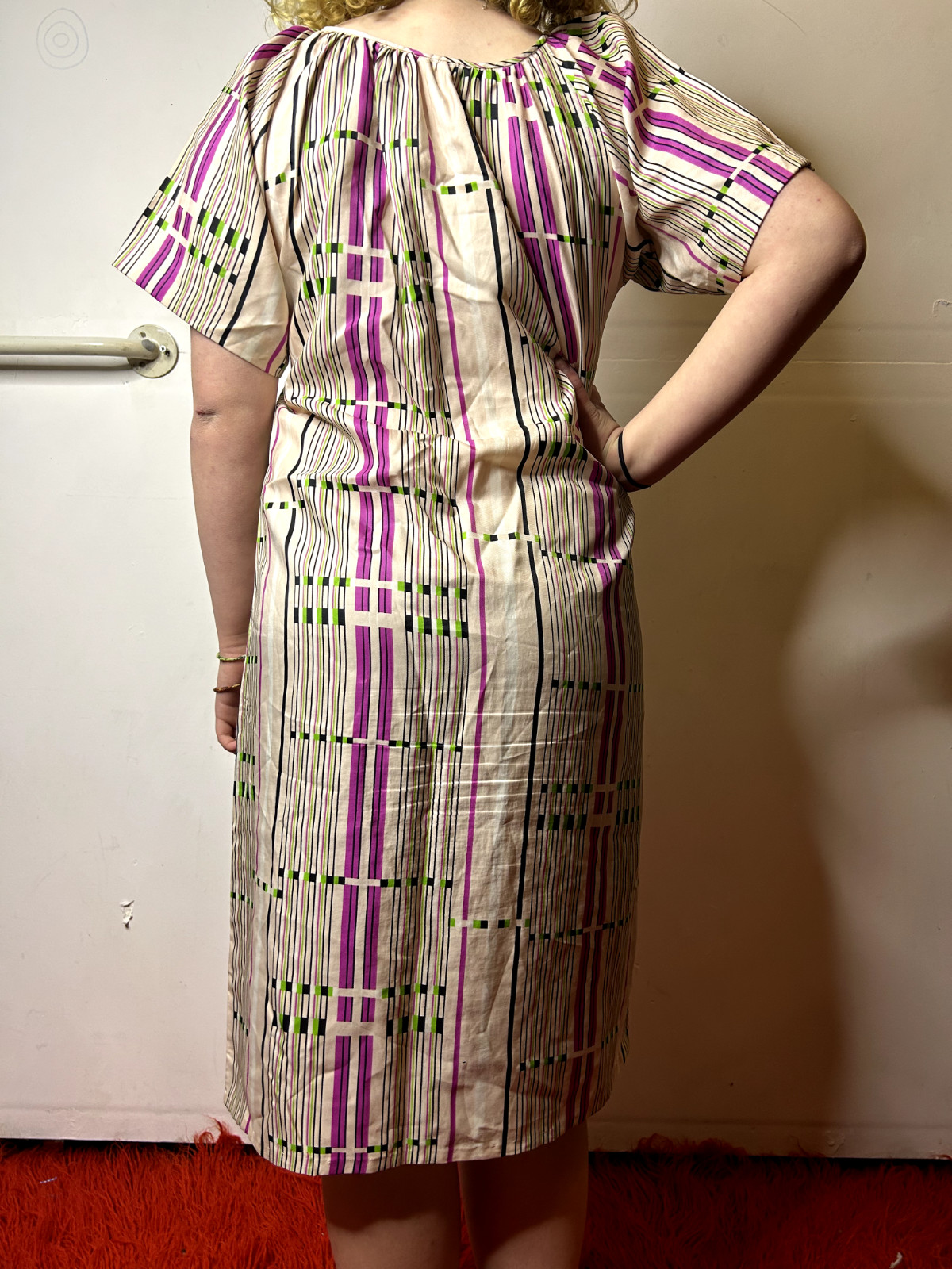 Vintage 1970s Smock Dress Gathered Neckline Short Sleeve Geometric Print AU 14