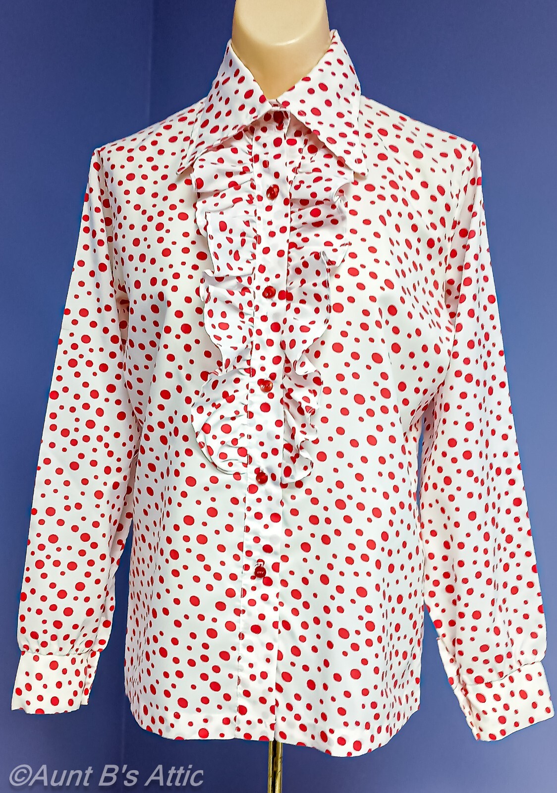Blouse Vintage 70’s Ladies PEM Classics Red/Wht Polka Dot Ruffled Front Blouse S