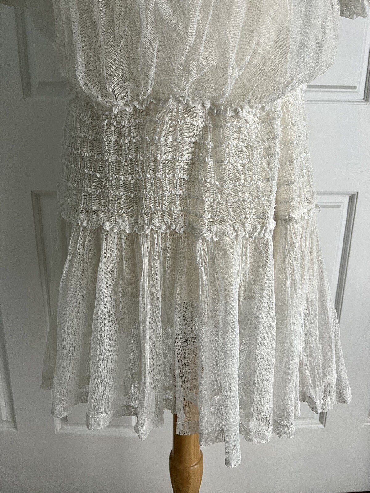 Vintage 1920s White Mesh Tulle Smocked Drop Waist Tunic Style Dress