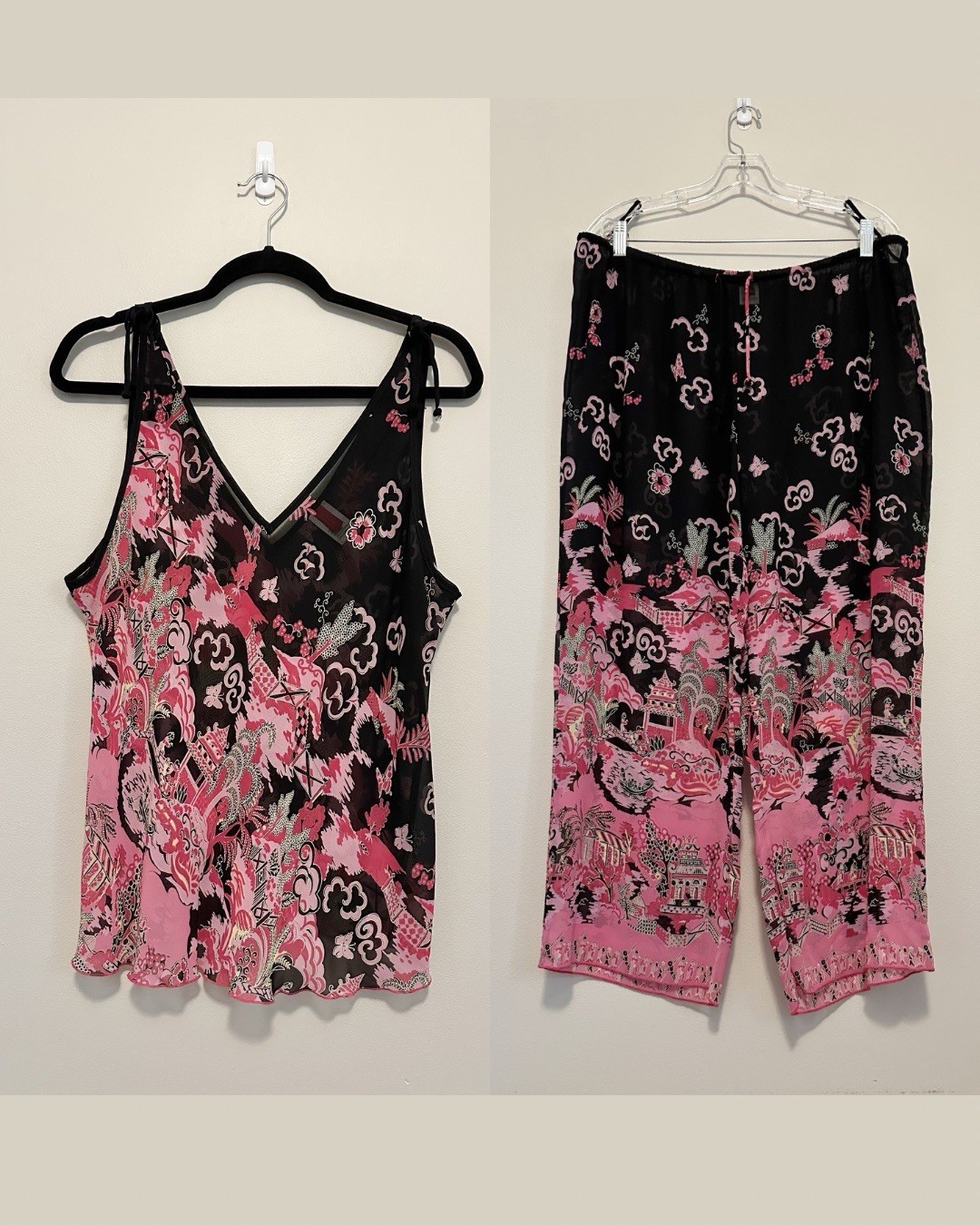 Josie Natori Pink Black Sheer Mesh Pajama Lounge Set XL Y2K Fairycore Whimsical
