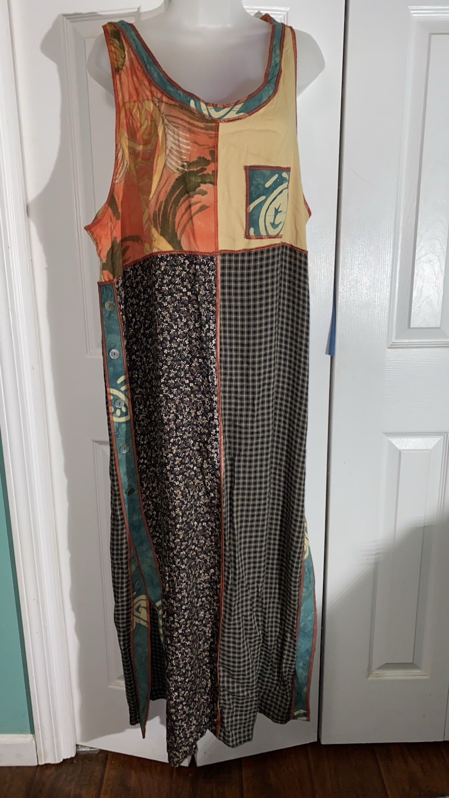 Vintage FAITH 90’s Boho Patchwork Sleeveless Dress L Rayon Art To Wear Maxi AA21