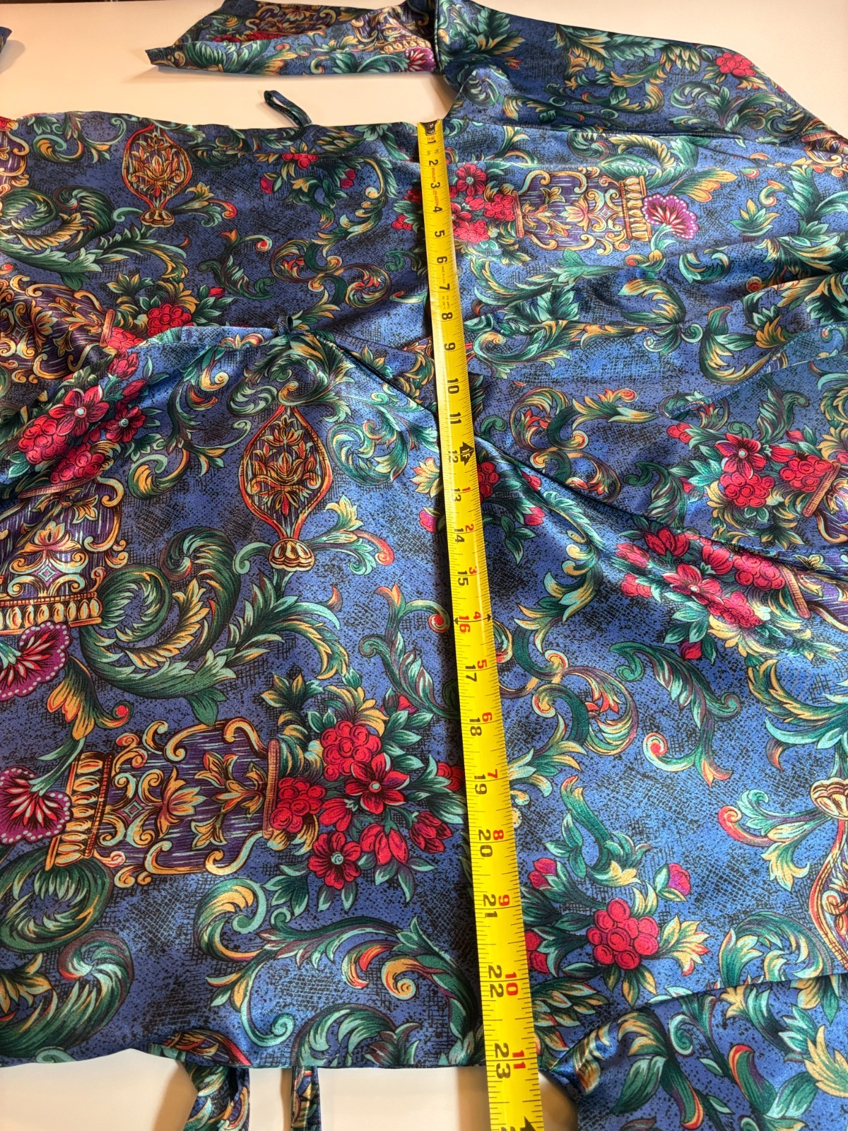Vintage MARINE BLUE Long WRAP ROBE Medium VICTORIAN FLORAL Dressing Gown Kathryn