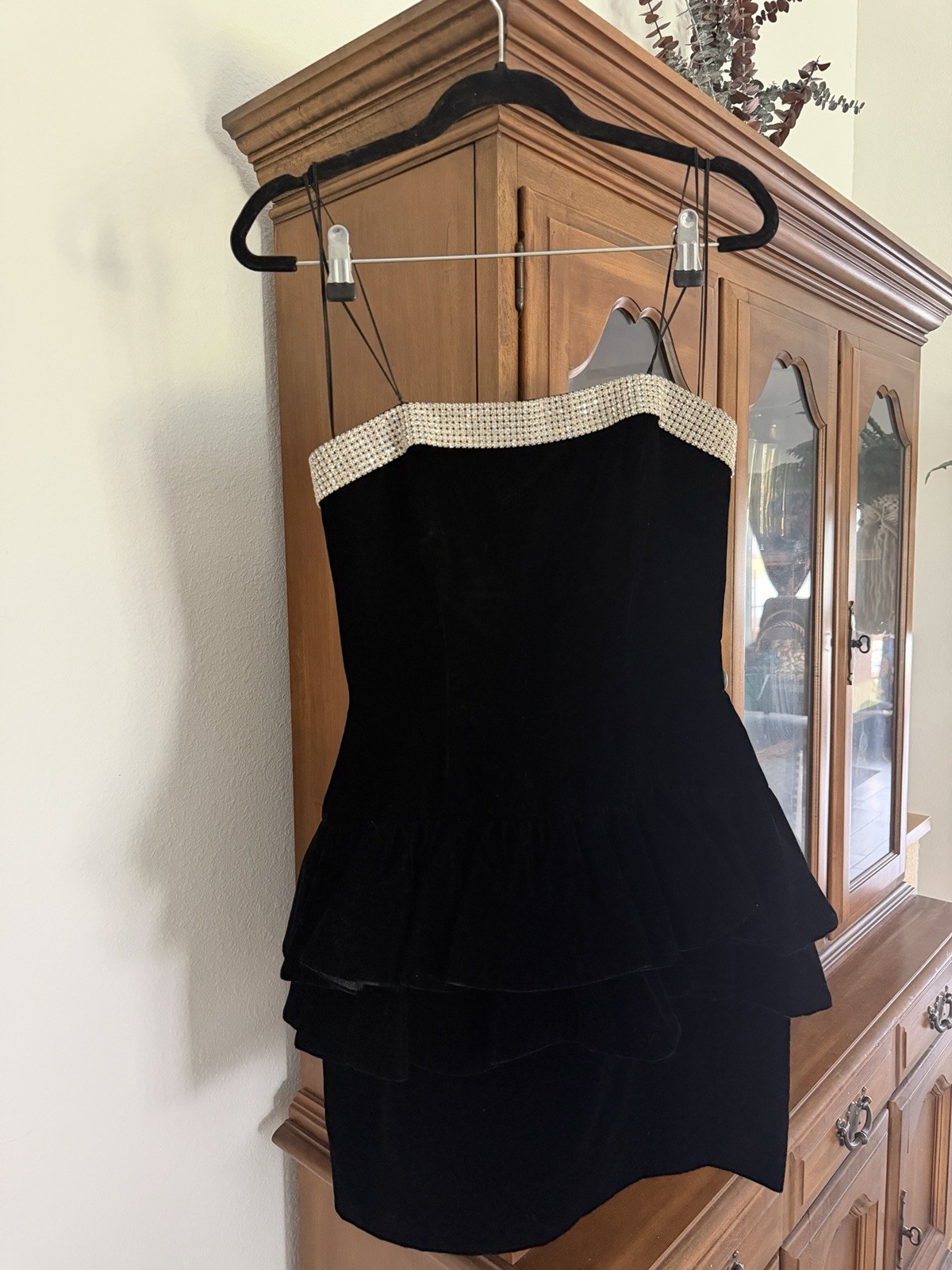 Women’s Vtg Strapless Black Velvet Dress Big Bow Rhinestones Size XS 80’s 90’s