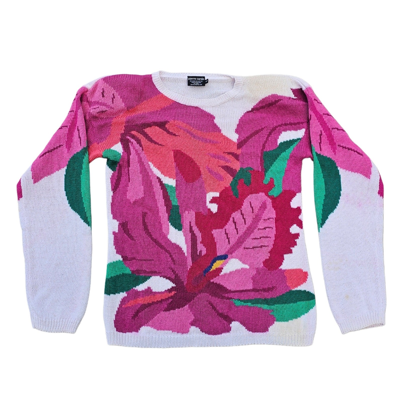Bright Pink Floral Sweater Pierre Cardin Size S White Flower Vintage Colorful