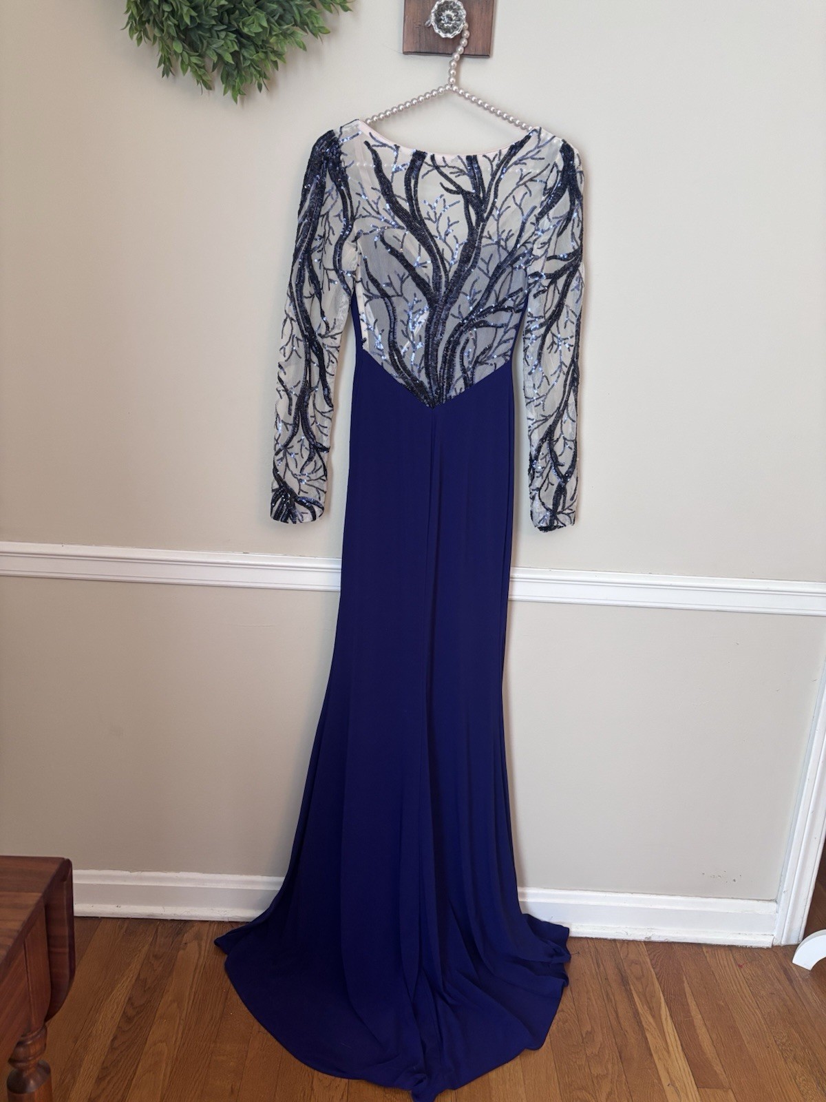 Vintage Riva Designs Size 00 Blue Formal Evening Long Gown Sequins Long Sleeve