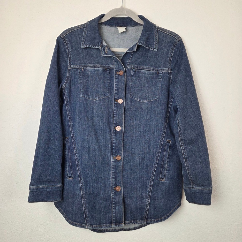 Chicos Denim Jacket Womens 0P Blue Button Up Classic Casual Petite 4/6P