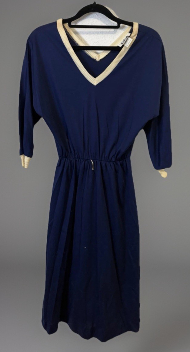 Vintage 70s PBJ Dress Navy Blue White Trim 3 Quarter Sleeve Size 7 #142