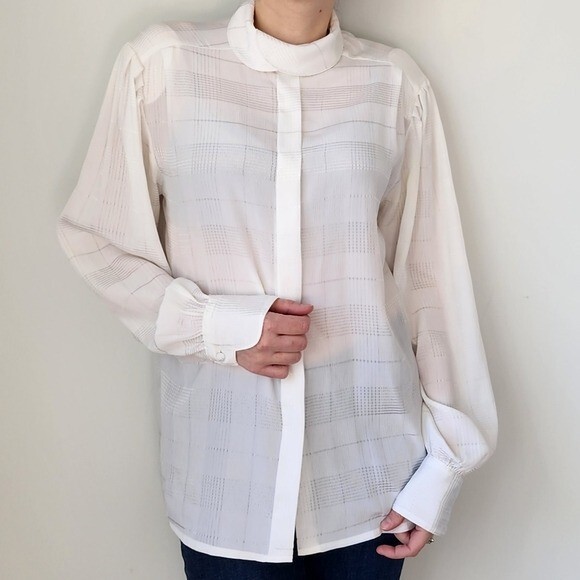 Vintage 80s Messages White Semi Sheer Check Pattern Puff Sleeve Blouse 12