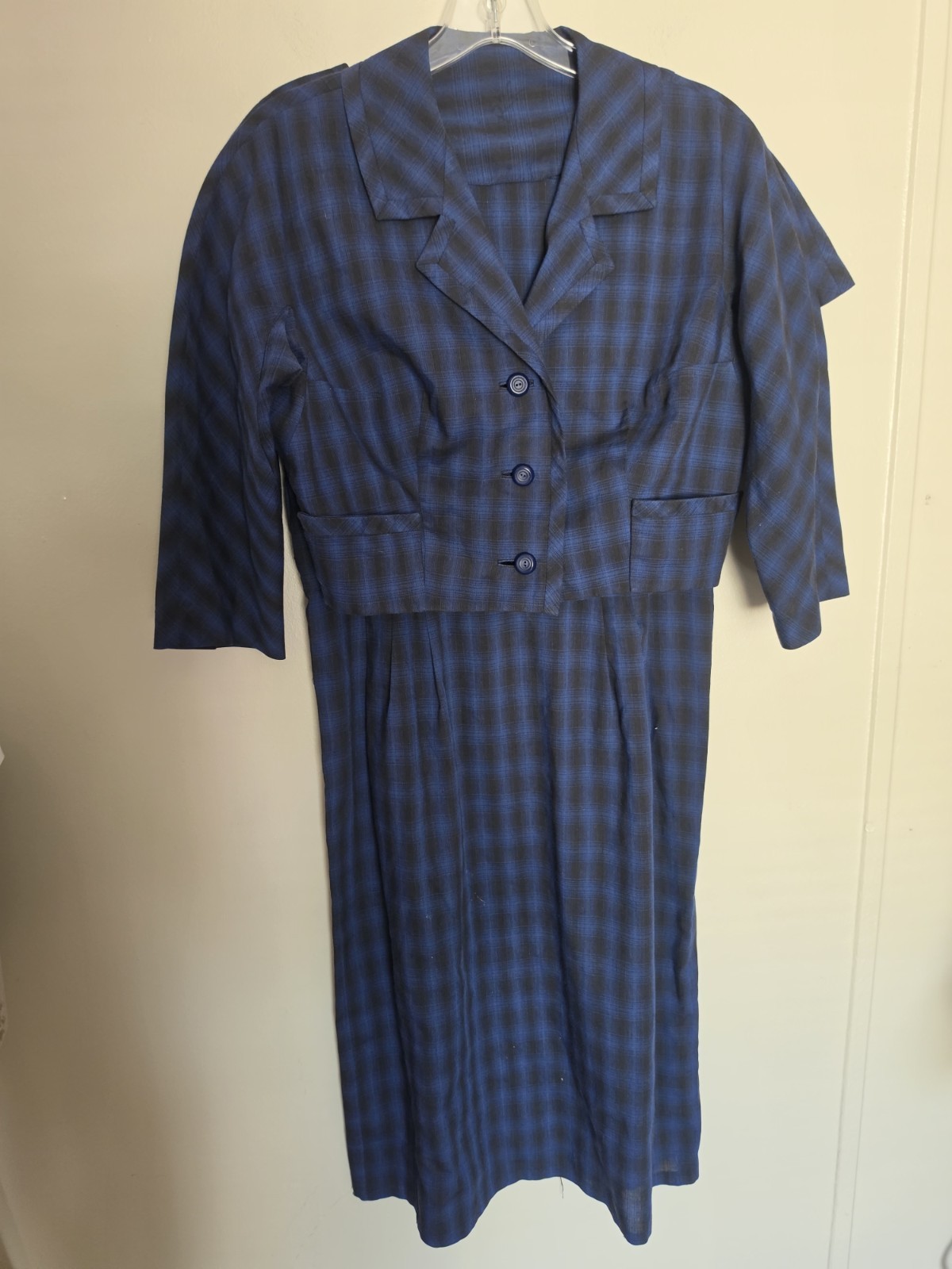 Vintage 60s Robert Leonard 2-Piece Plaid Suit Dress Set Blue Mod Jacket 10 12