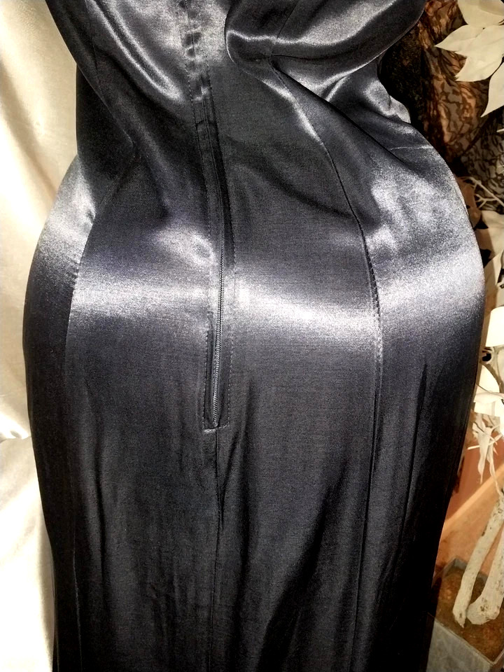 VTG SATIN SHINY RAYON DEEP BLUE SQUARE NECK MAXI DRESS JAZZ DECO CAGE BACK 5/6