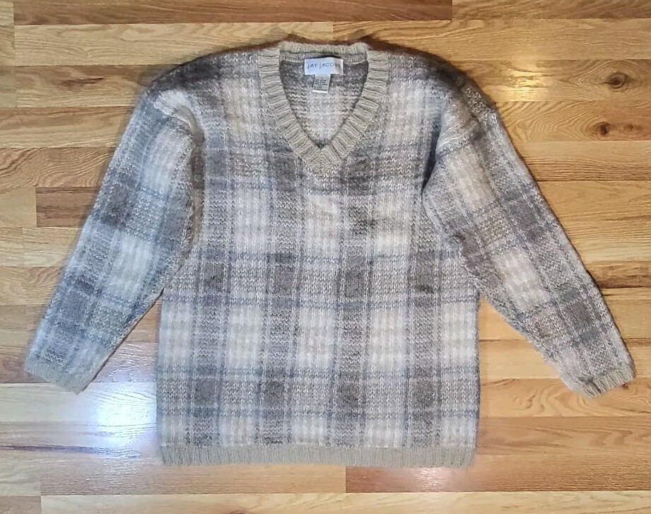 Vtg Jay Jacobs Knit Sweater Women’s Large Mohair Blend Boxy Blue Gray Beige