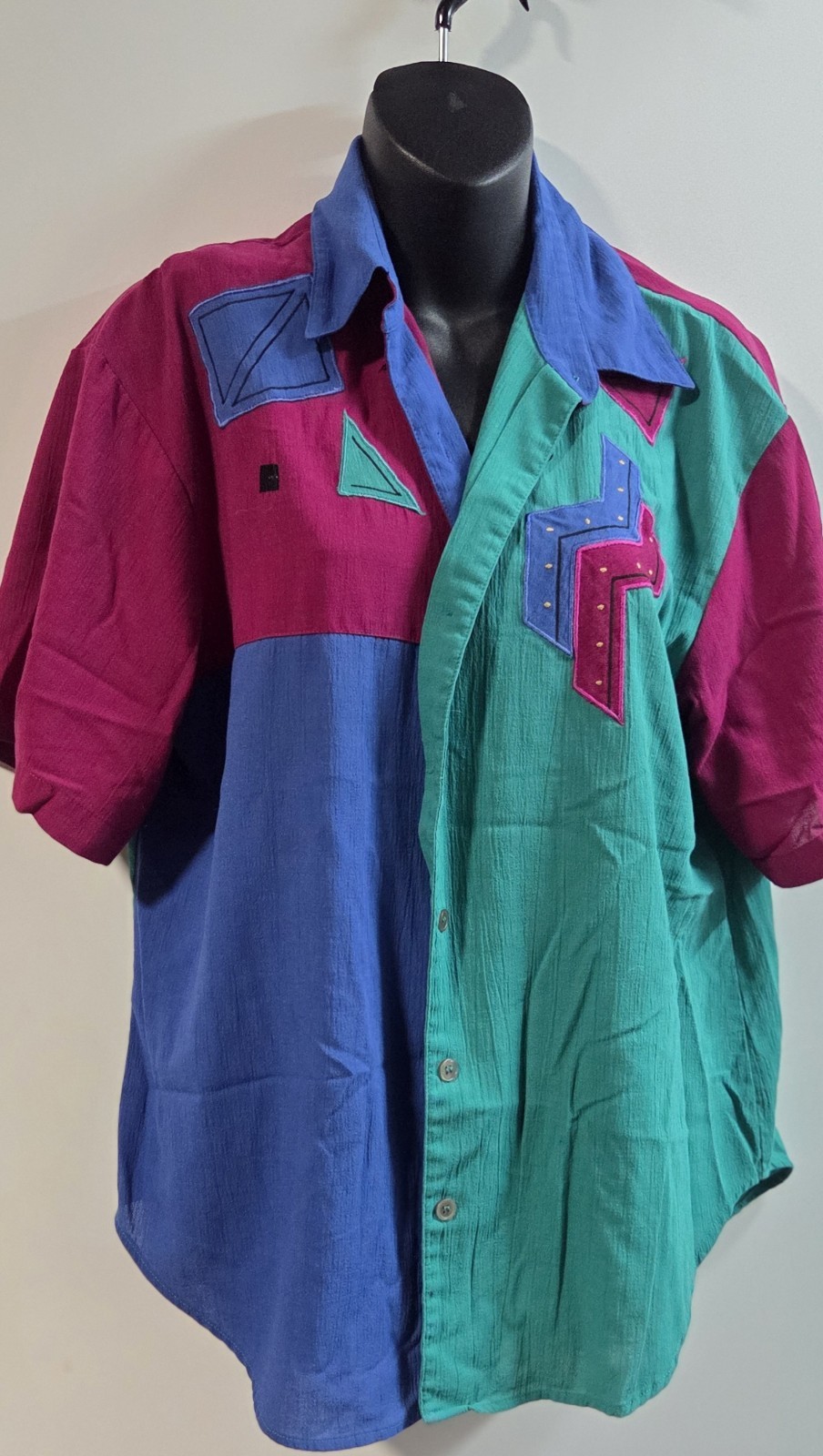 Vintage 80s 90s Koret Colorblock Embroidered Short Sleeve Button Front Shirt M