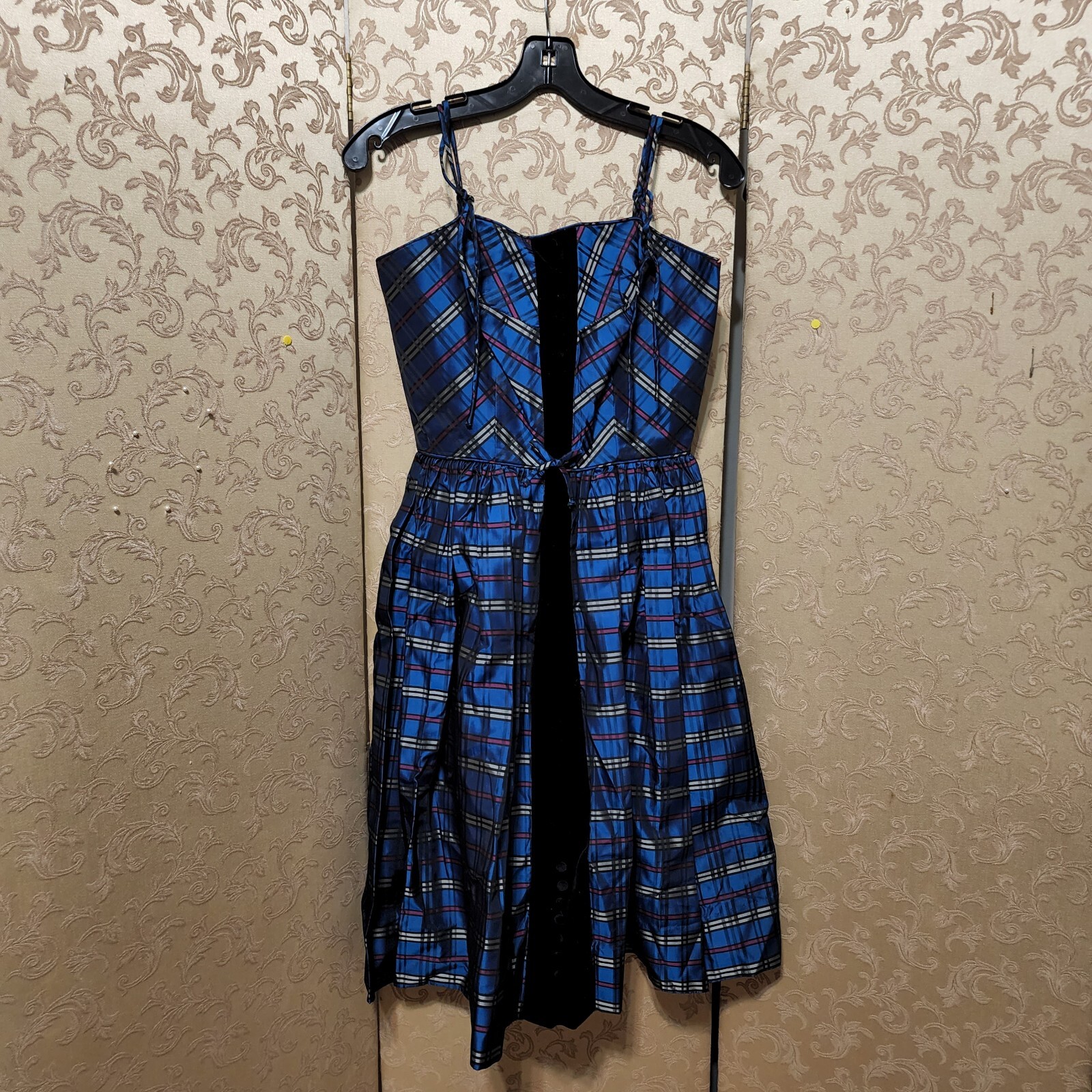 Vintage Blue Multi-Color Plaid Velvet Trim A-Line Dress Size 11/12 2 0