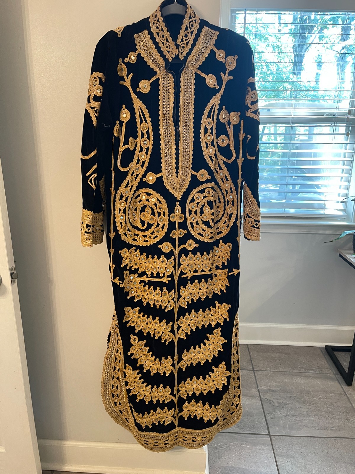 Vintage Black Velvet Dress with Mirrors and Gold Brocade Embellishments