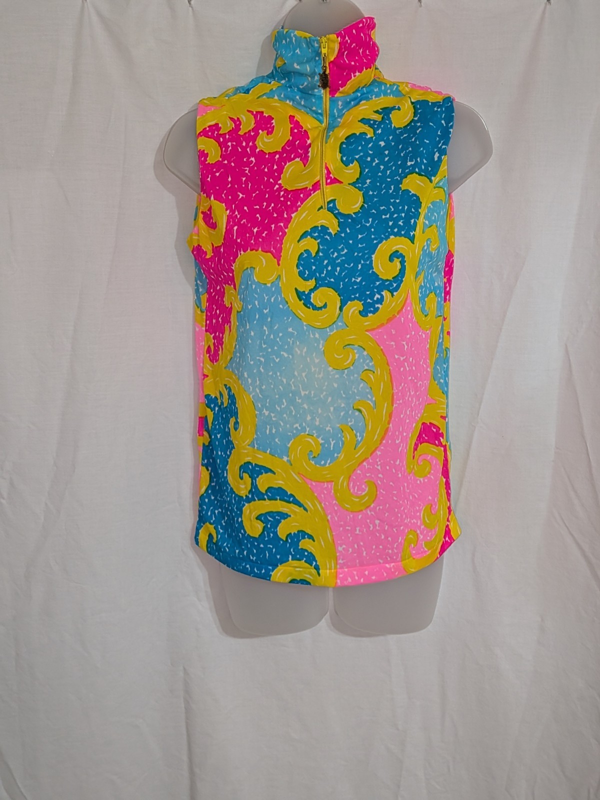VTG 80s Women’s Handmade Neon Filigree Mock Neck Sleeveless Half Zip Shirt