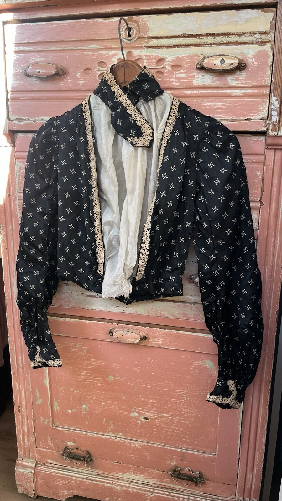 1800s Antique Victorian Edwardian Black Silk Bodice Corset Blouse Top XXS