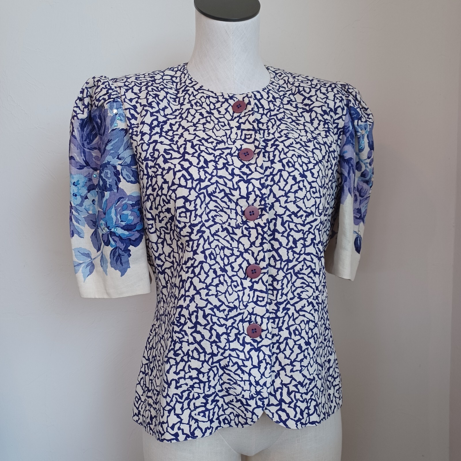 Rickie Freeman Teri Jon Vintage Purple Floral Puff Sleeve Embellished Blouse 8