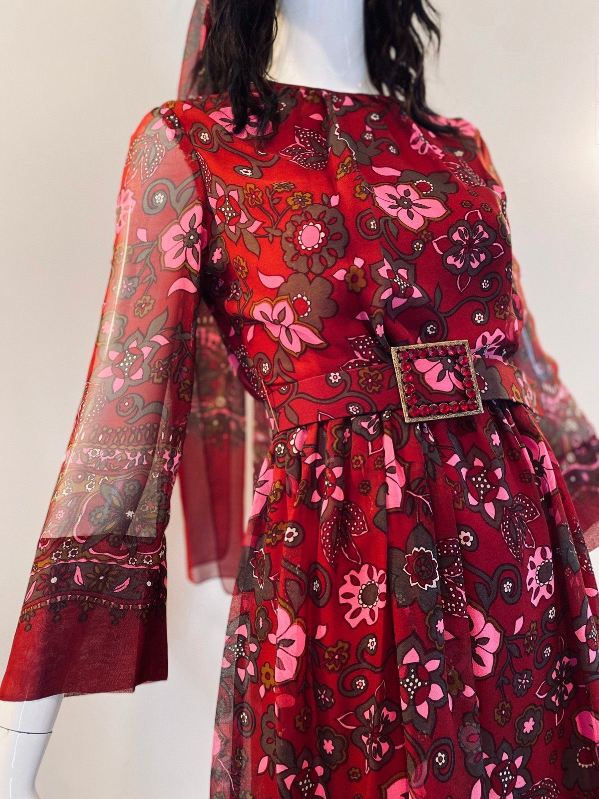 60s Adele Simpson Silk Flower Power Chiffon Dress with Belts and Sash Ensemble