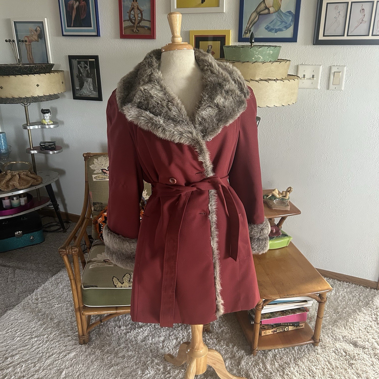 Vintage 1940s Style Coat | Burgundy Wine | Faux Fur Trim | M L | 40s 70s