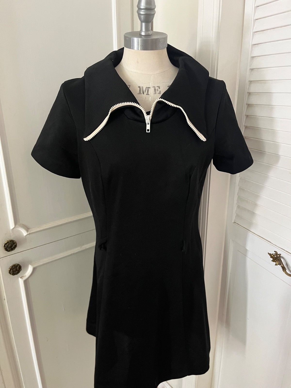 Vtg 1970s Black White Zipper Collar Polyester Encron Polo Dress 100 Park Avenue