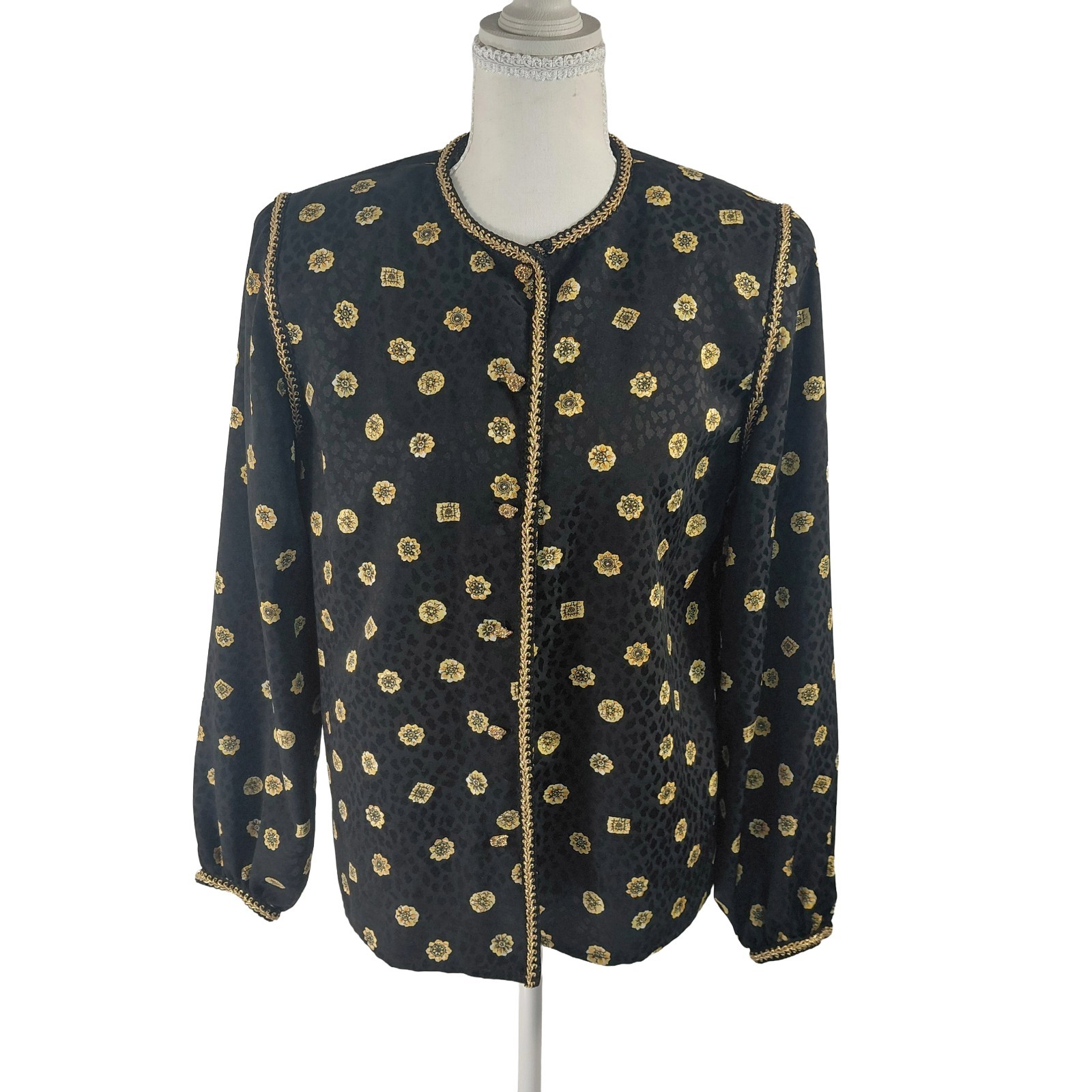 VTG Maggy London Brocade Blouse 4 Black Gold Jacquard Fleur-de-lis Coquette…