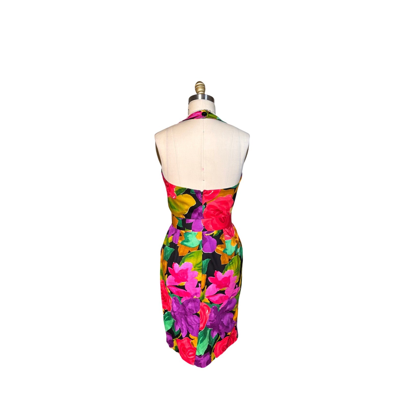 Floral Print Unbranded Halter Sheath Belted Pockets Midi Dress 6 Multi Vintage